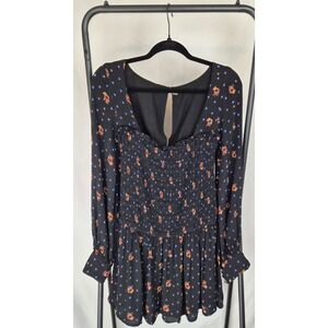 Free People Smocked Floral Celestial Star Black Long Sleeve Mini Dress Small